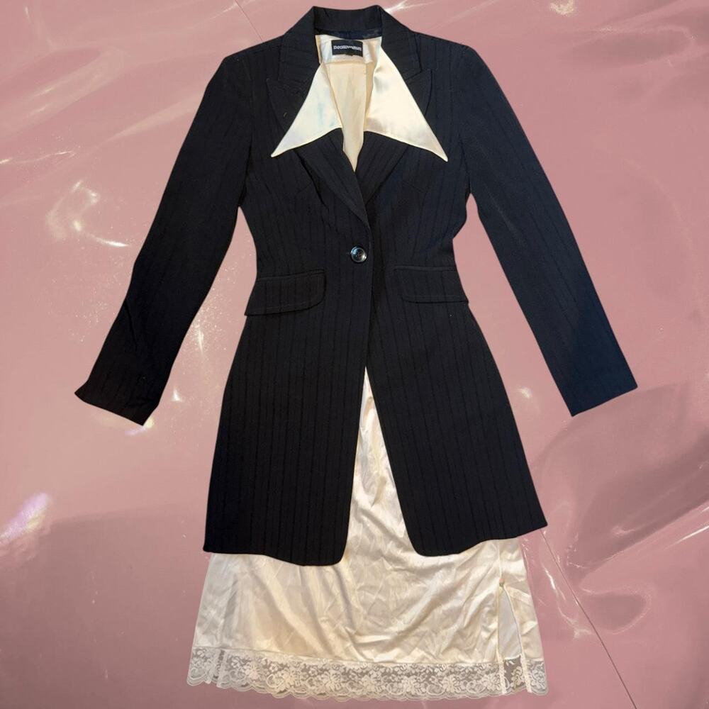 Vintage Y2K bebe tailored pinstripe long blazer jacket, giving dark academia
